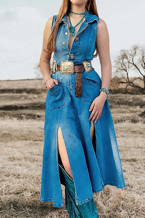 Western-Style Slit Hem Button-Down Denim Midi Dress