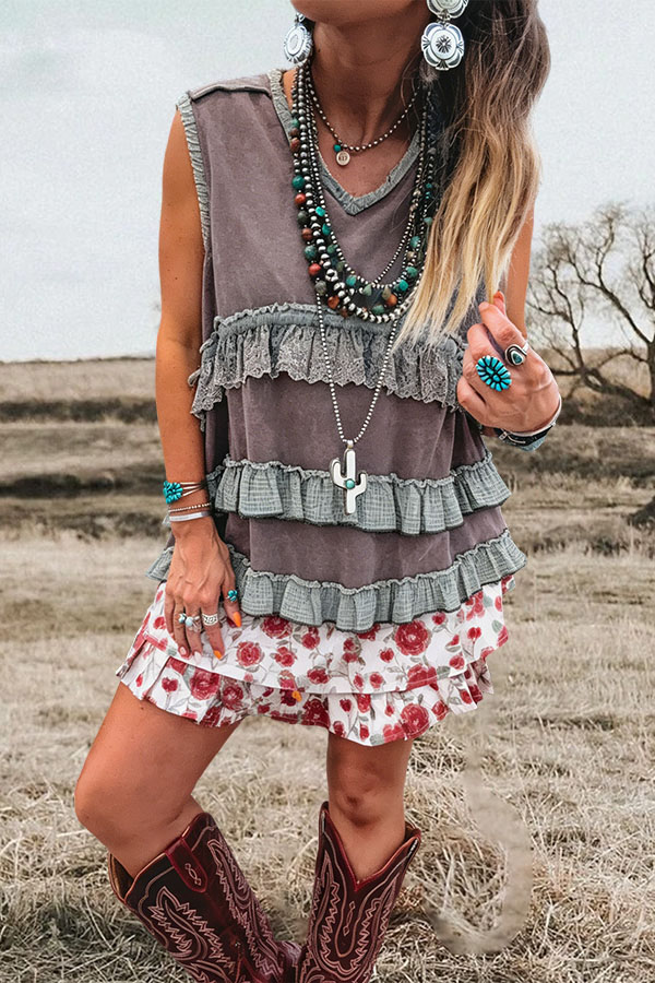 Vintage Washed Cotton Jacquard Ruffle Patchwork Vest