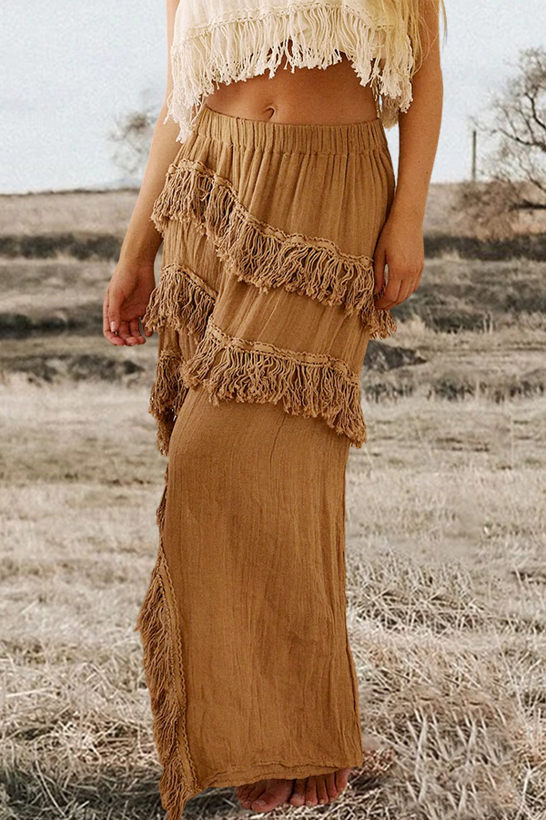 Cotton And Linen Tassel Elastic Waist Beach Skirt