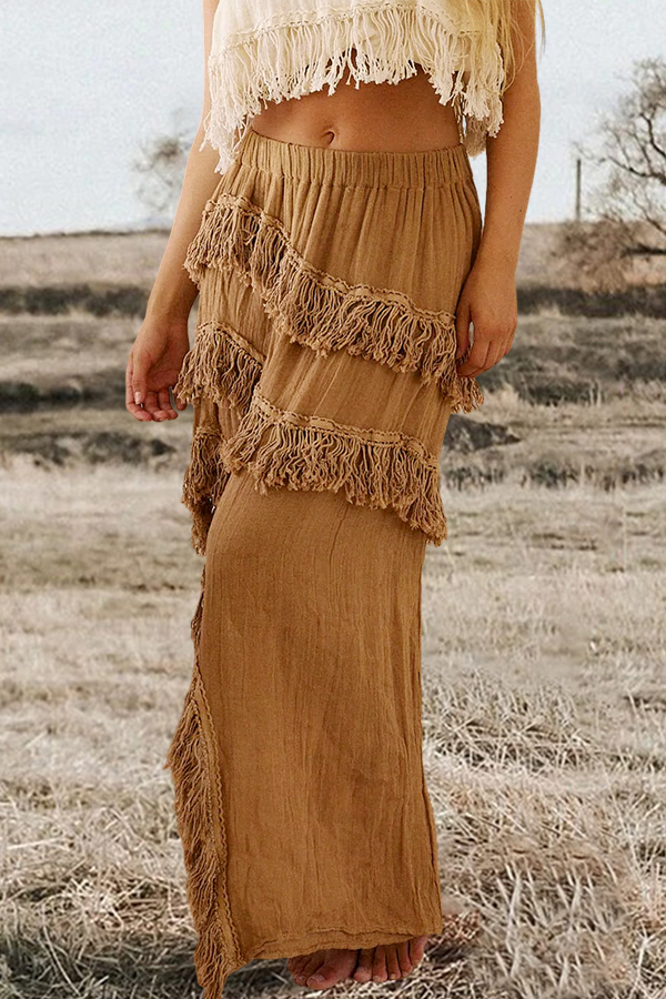 Cotton And Linen Tassel Elastic Waist Beach Skirt