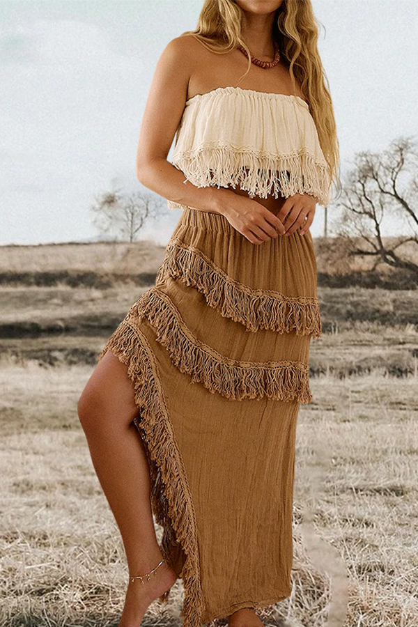 Cotton And Linen Tassel Elastic Waist Beach Skirt