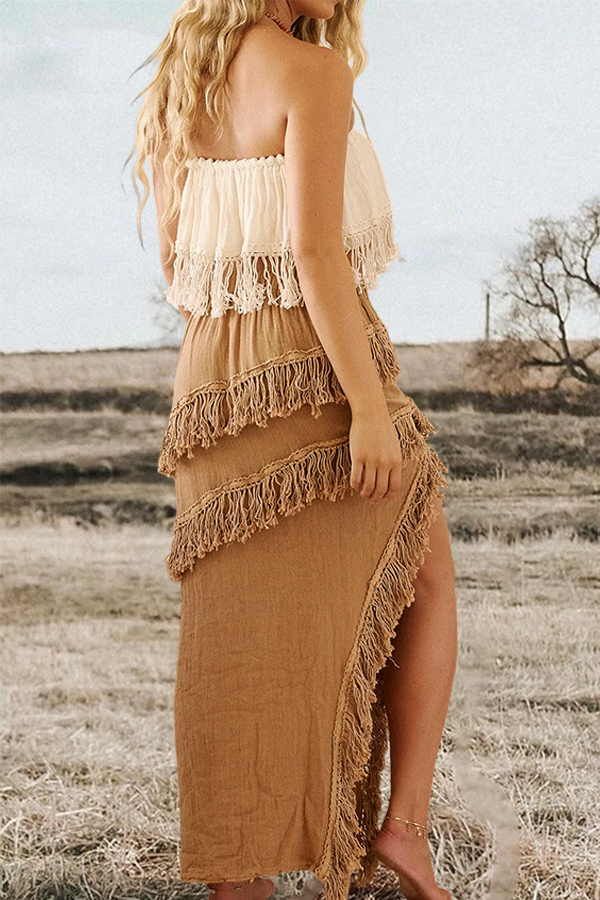 Cotton And Linen Tassel Elastic Waist Beach Skirt