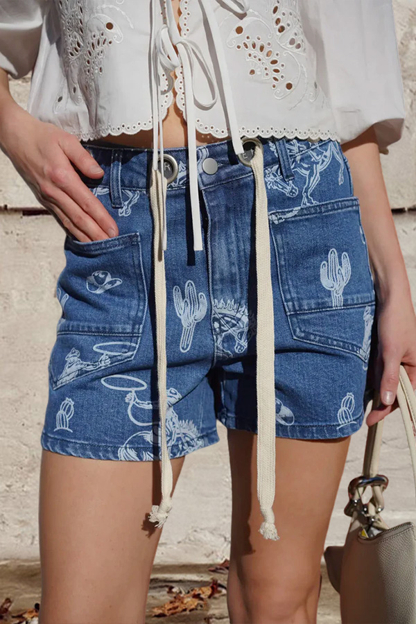 Western Cactus Metal Eyelet Drawstring Denim Shorts