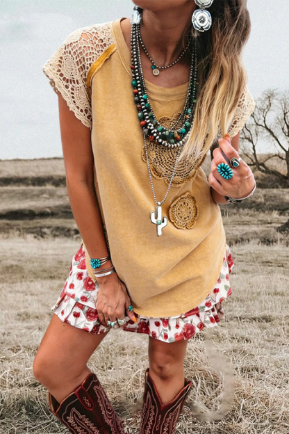 Vintage Crochet Lace Patchwork Raglan Sleeve T-Shirt