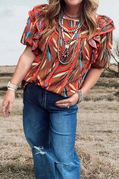Western Farm Leaf Print Ruffle Sleeve Shirt