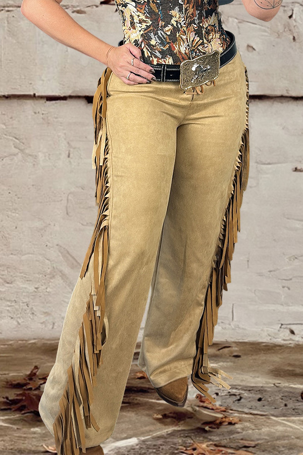 Western-Style Stretch Tassel Lace-Up Trousers
