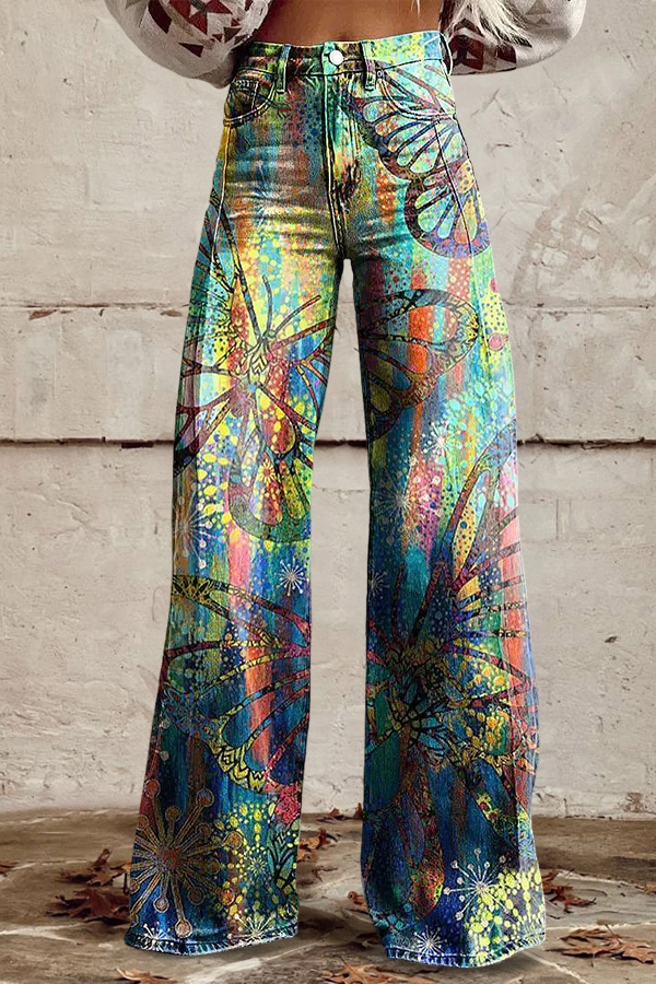 Distressed Washed Cotton Butterfly Wide-Leg Pants