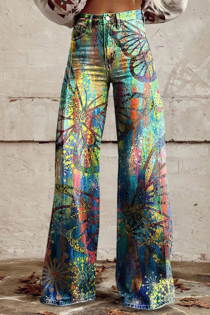 Distressed Washed Cotton Butterfly Wide-Leg Pants