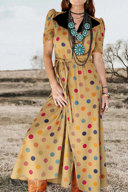 Retro-Style Flowy Polka Dot Midi Dress With Slit And Puff Sleeves