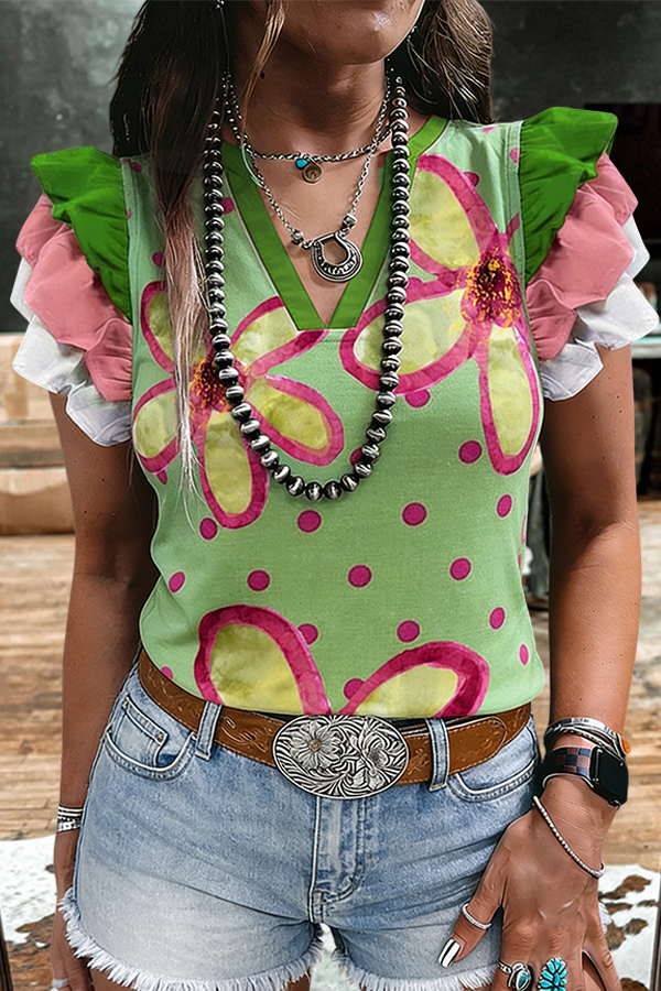 Western Ranch Floral Polka Dot Layered Ruffle Sleeve Top