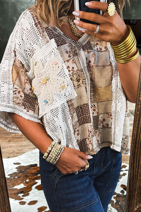 Country-Style Plaid Floral Crochet Button Lace Top