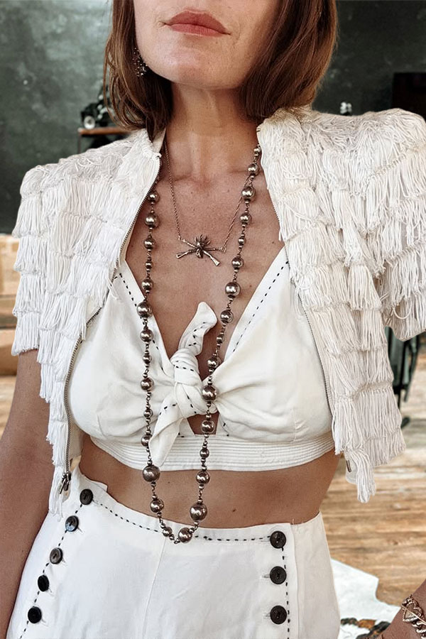 Western-Style Fringed Zip-Up Cropped Cardigan Top