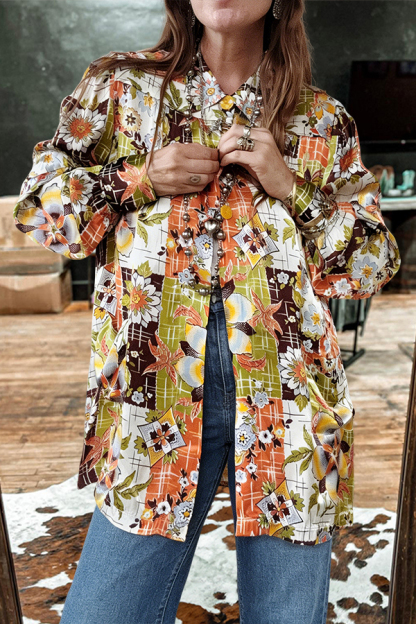 Draped Country Plaid Floral Print Shirt