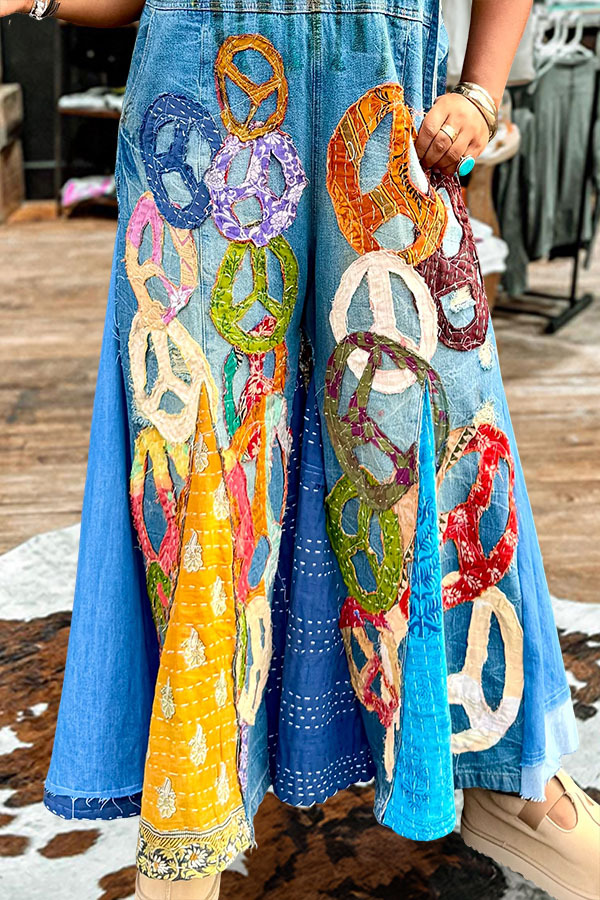 Peaceful Distressed Washed Denim Flared Overalls