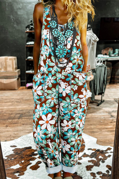 Western Color-Blocked Floral Washed Cotton Sleeveless Jumpsuit