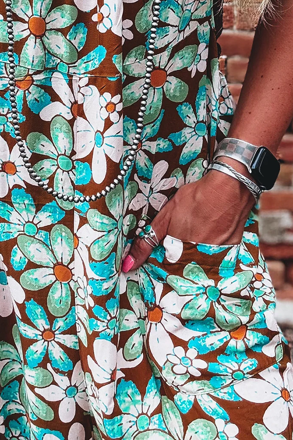 Western Color-Blocked Floral Washed Cotton Sleeveless Jumpsuit