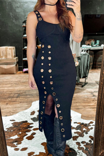 Western Adjustable Shoulder Strap Elastic Bodycon Midi Dress