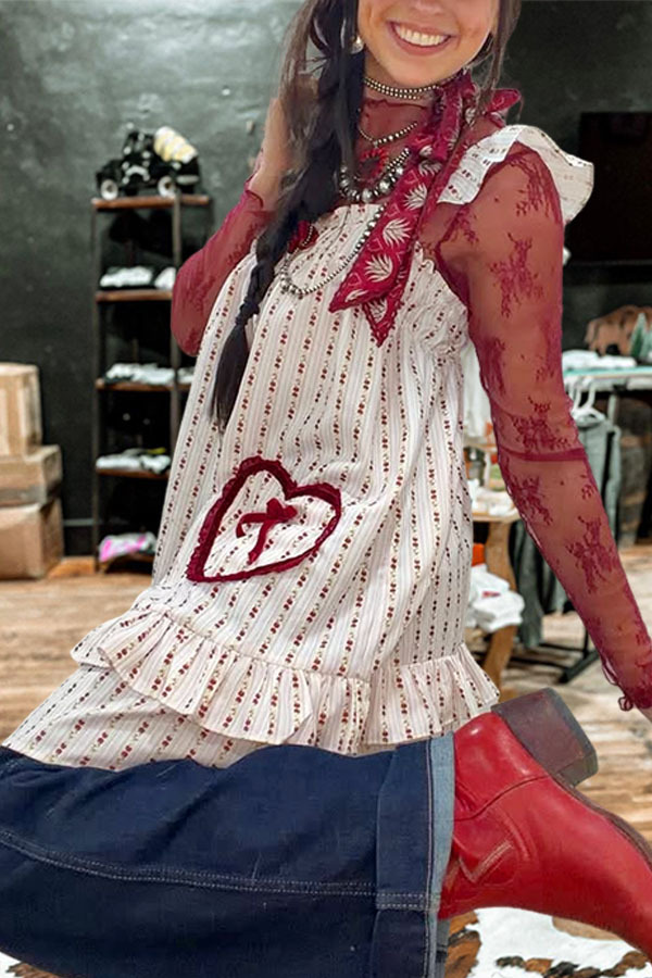 Cute Retro Plaid Heart Pocket Ruffle Sleeve Top