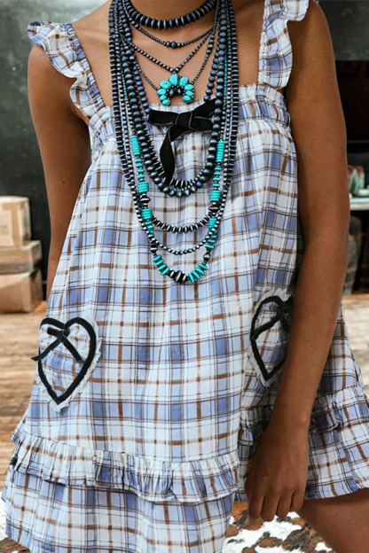 Cute Retro Plaid Heart Pocket Ruffle Sleeve Top