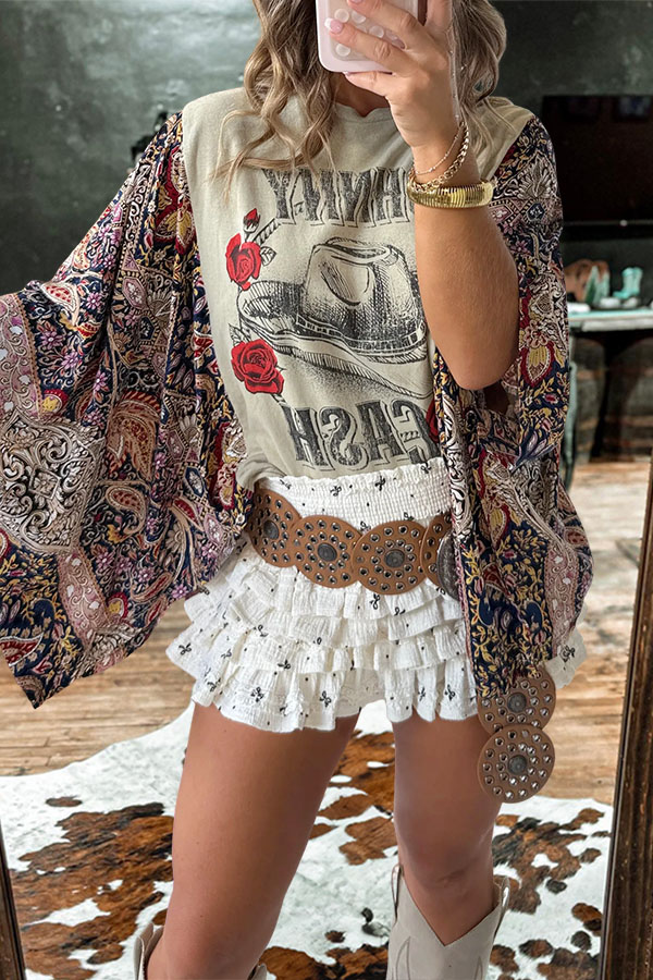 Country Music Johnny Cash Floral Mid-Sleeve T-Shirt