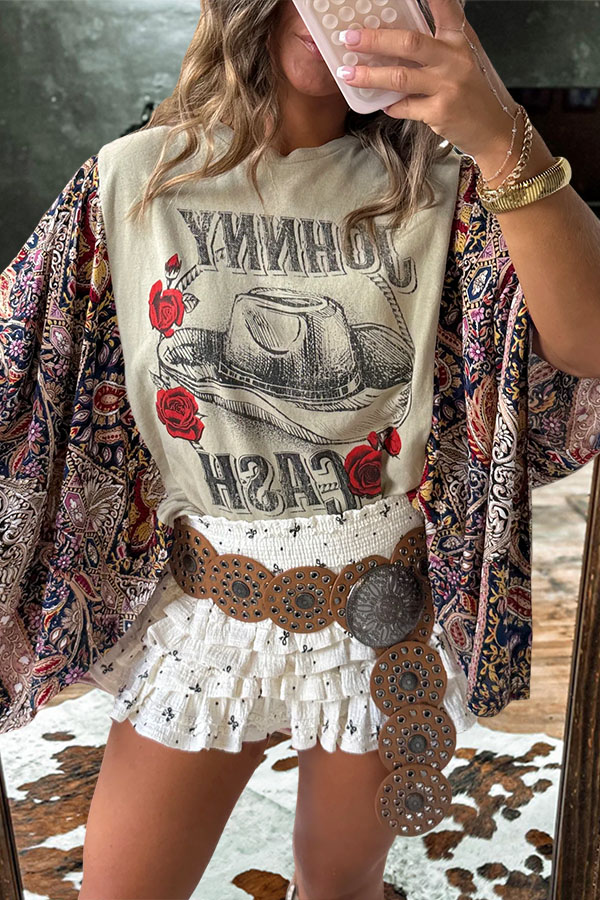 Country Music Johnny Cash Floral Mid-Sleeve T-Shirt