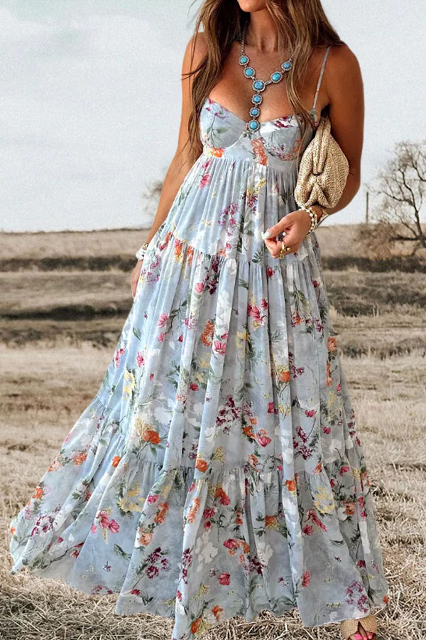 Romantic Floral Openwork Back Strap Long Dress