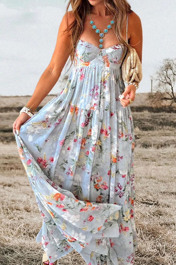 Romantic Floral Openwork Back Strap Long Dress