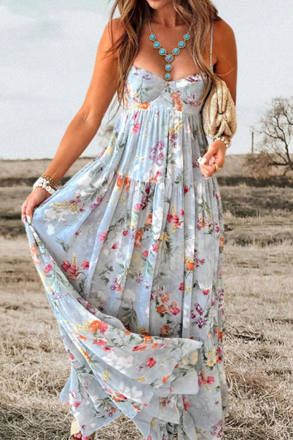 Romantic Floral Openwork Back Strap Long Dress
