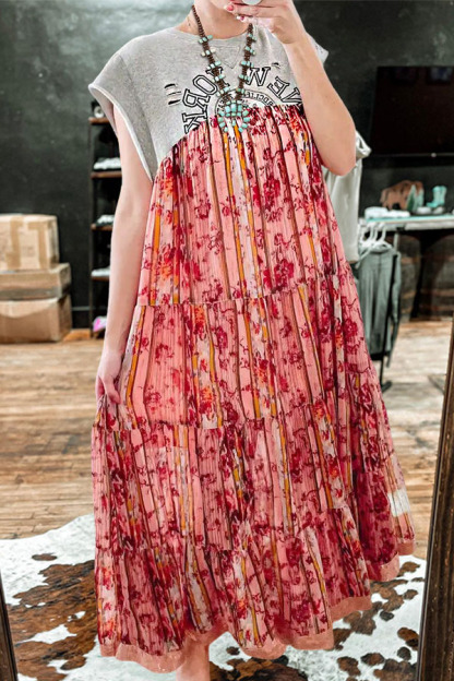 Retro Floral Knit Patchwork Cake Long Dress