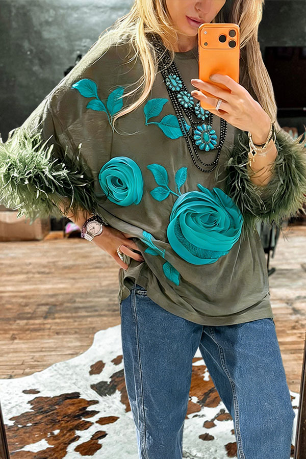 Turquoise Color-Blocked Floral Feather Batwing Sleeve Top