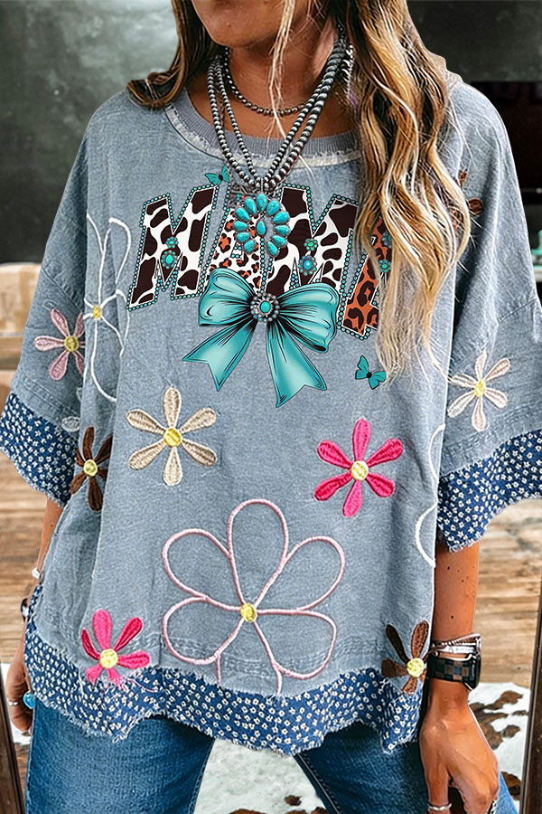 Mother's Day Western Floral Washed Cotton Patchwork Top