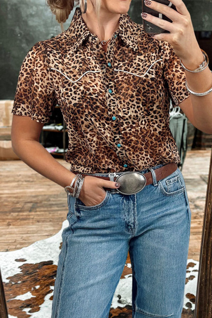 Classic Leopard Print Turquoise Color-Blocked Button Shirt