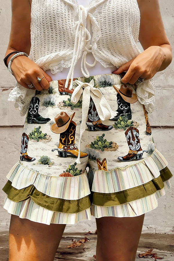 Western Ranch Layered Ruffle Drawstring Shorts