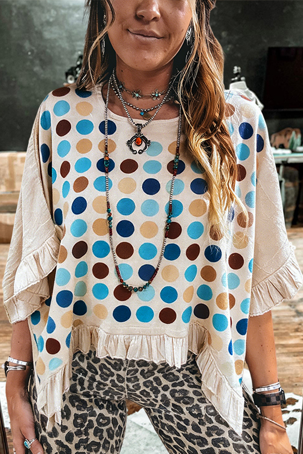 Casual Color-Blocked Polka Dot Linen Ruffle Sleeve Top