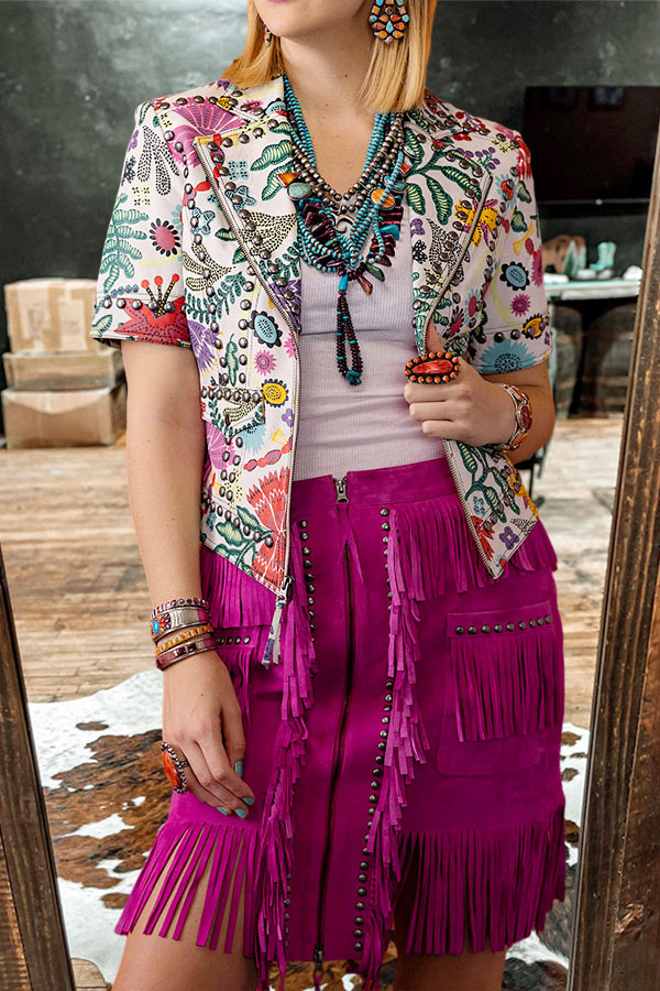 Romantic Ranch Floral Studded Zipper Lightweight Short Jacket