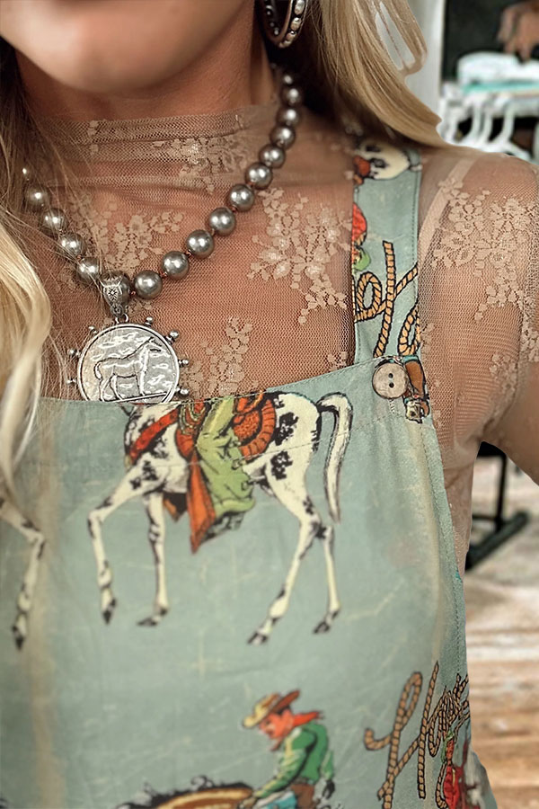 Flowy Rodeo Cowboy Denim Overalls Maxi Skirt