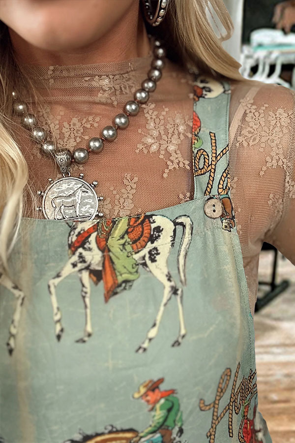 Flowy Rodeo Cowboy Denim Overalls Maxi Skirt