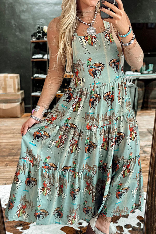 Flowy Rodeo Cowboy Denim Overalls Maxi Skirt