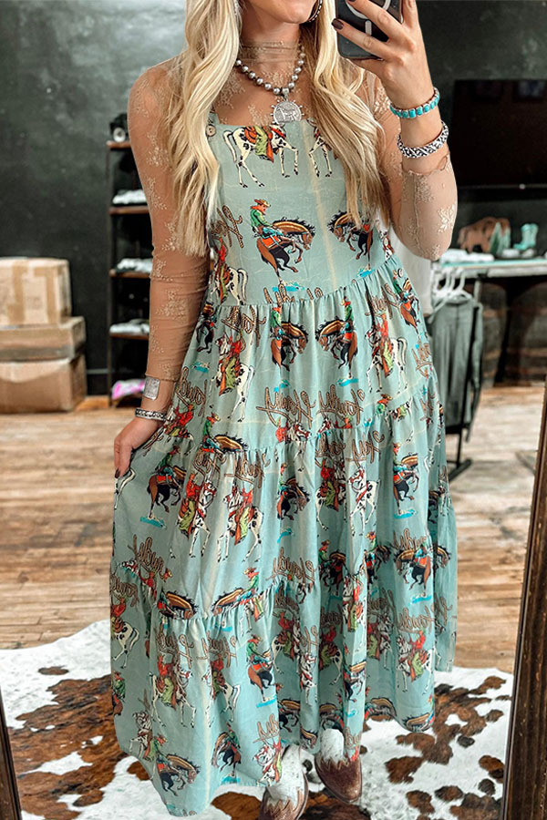 Flowy Rodeo Cowboy Denim Overalls Maxi Skirt