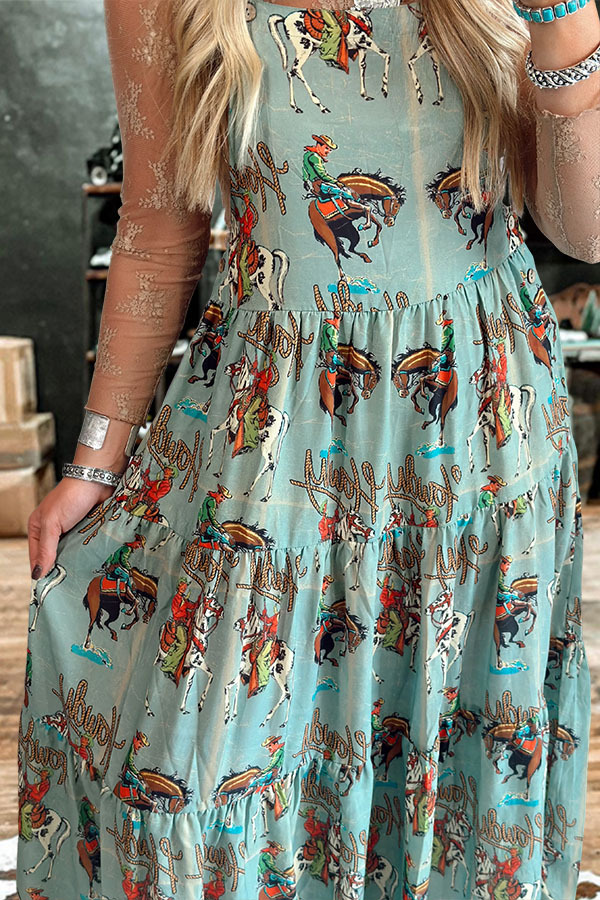 Flowy Rodeo Cowboy Denim Overalls Maxi Skirt