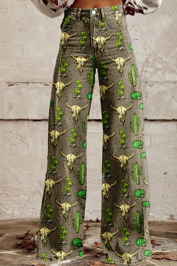 Western Cactus Cow Head Washed Cotton Wide-Leg Pants