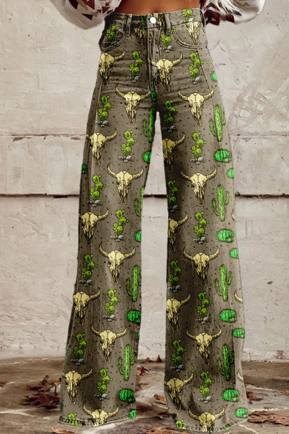 Western Cactus Cow Head Washed Cotton Wide-Leg Pants