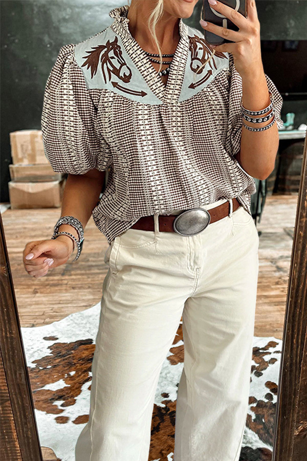 Prairie Horse Gingham Puff Sleeve Blouse