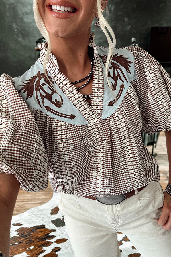 Prairie Horse Gingham Puff Sleeve Blouse