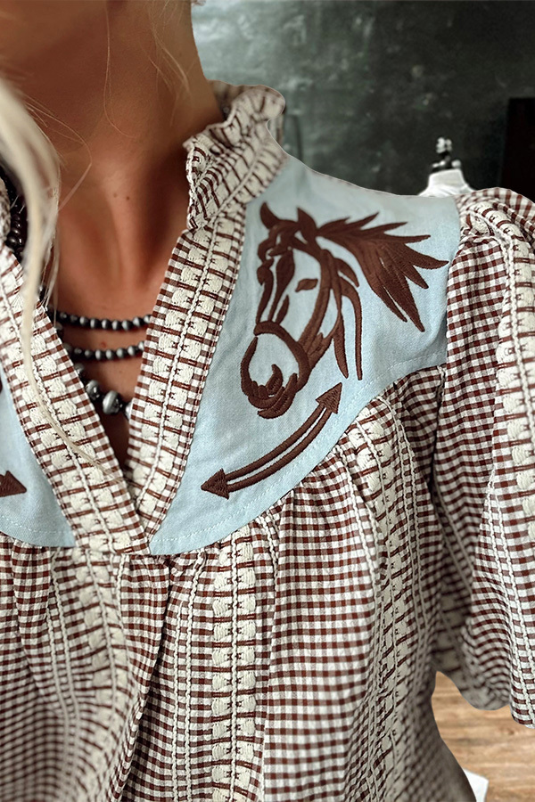 Prairie Horse Gingham Puff Sleeve Blouse