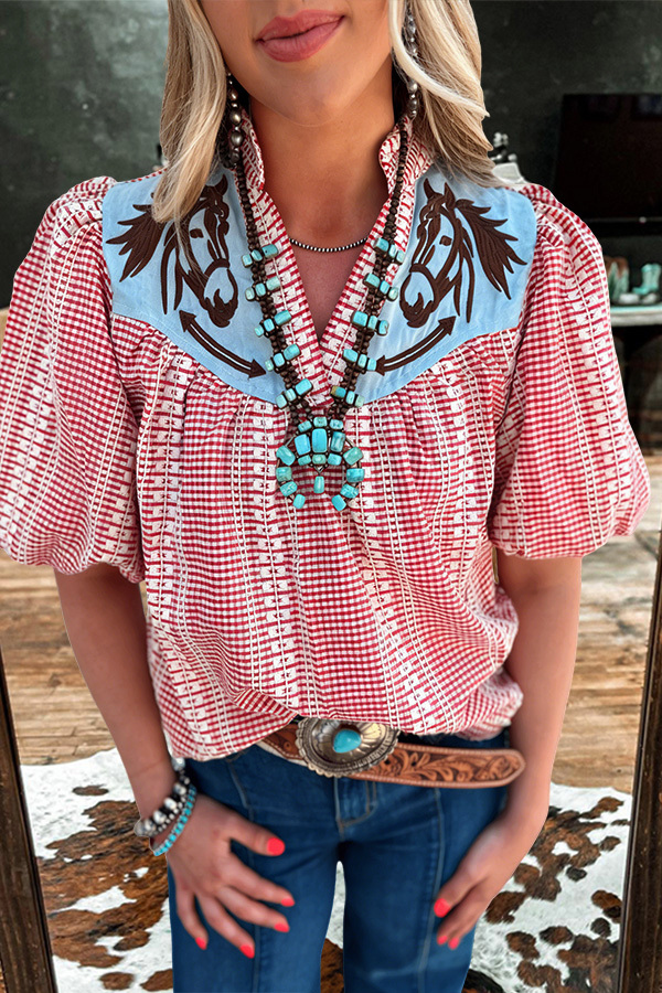 Prairie Horse Gingham Puff Sleeve Blouse