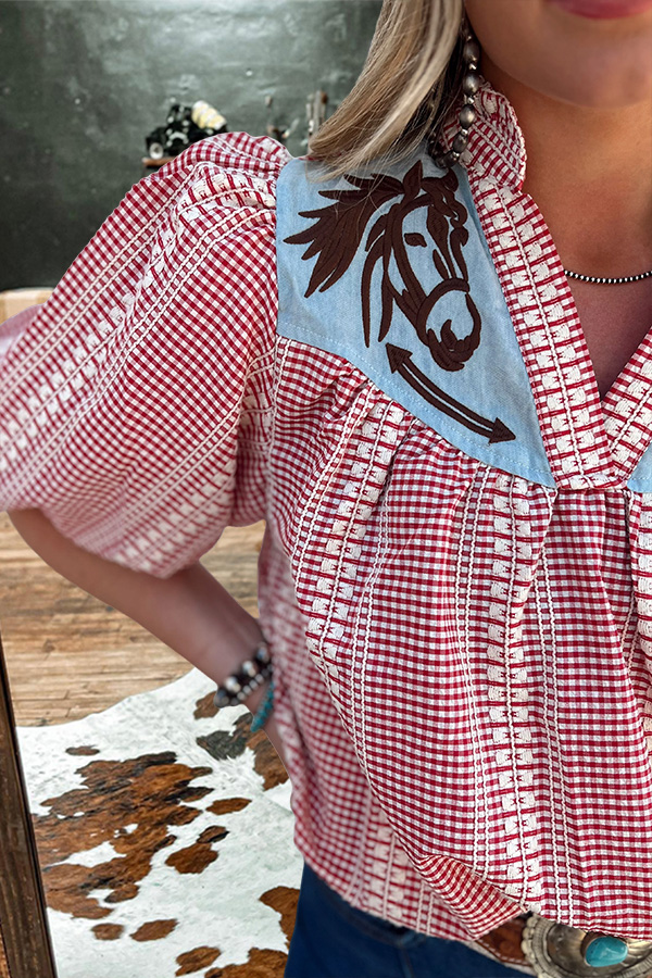 Prairie Horse Gingham Puff Sleeve Blouse