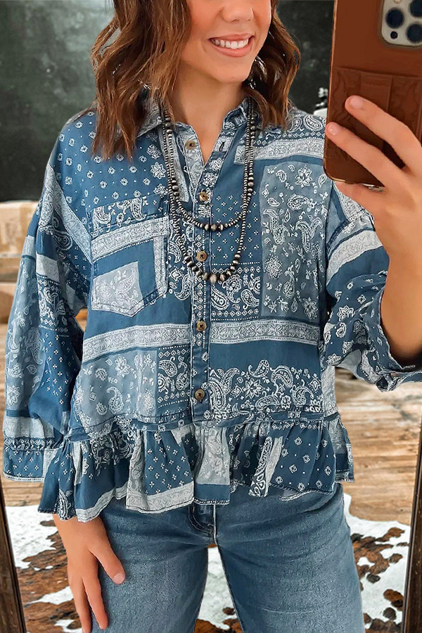 Retro Paisley Ruffled Hem Three-Quarter Sleeve Shirt