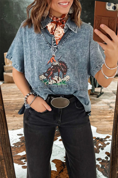 Rodeo Cowboy Polo Collar Denim Top