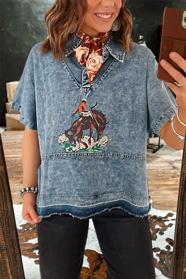 Rodeo Cowboy Polo Collar Denim Top
